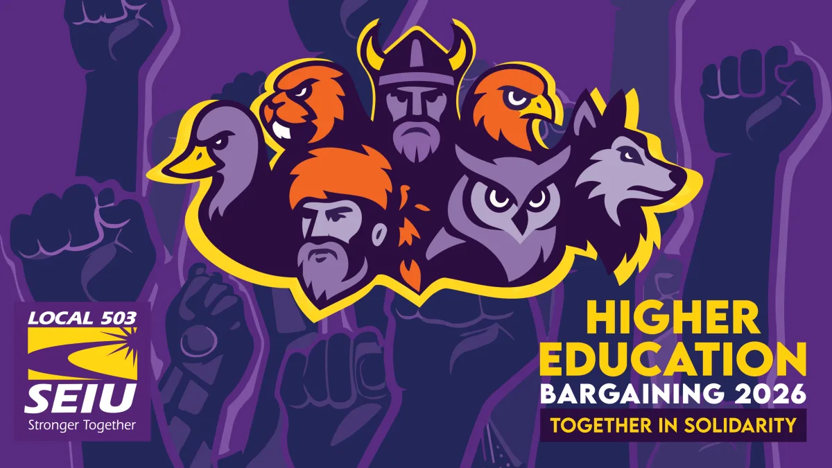 A purple background with silhouettes of raised fists and campus mascots, featuring the Higher Education Bargaining 2026 message.