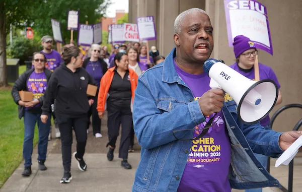SEIU Local 503 President Johnny Earl speaks at the June 30 Oregon State University rally.