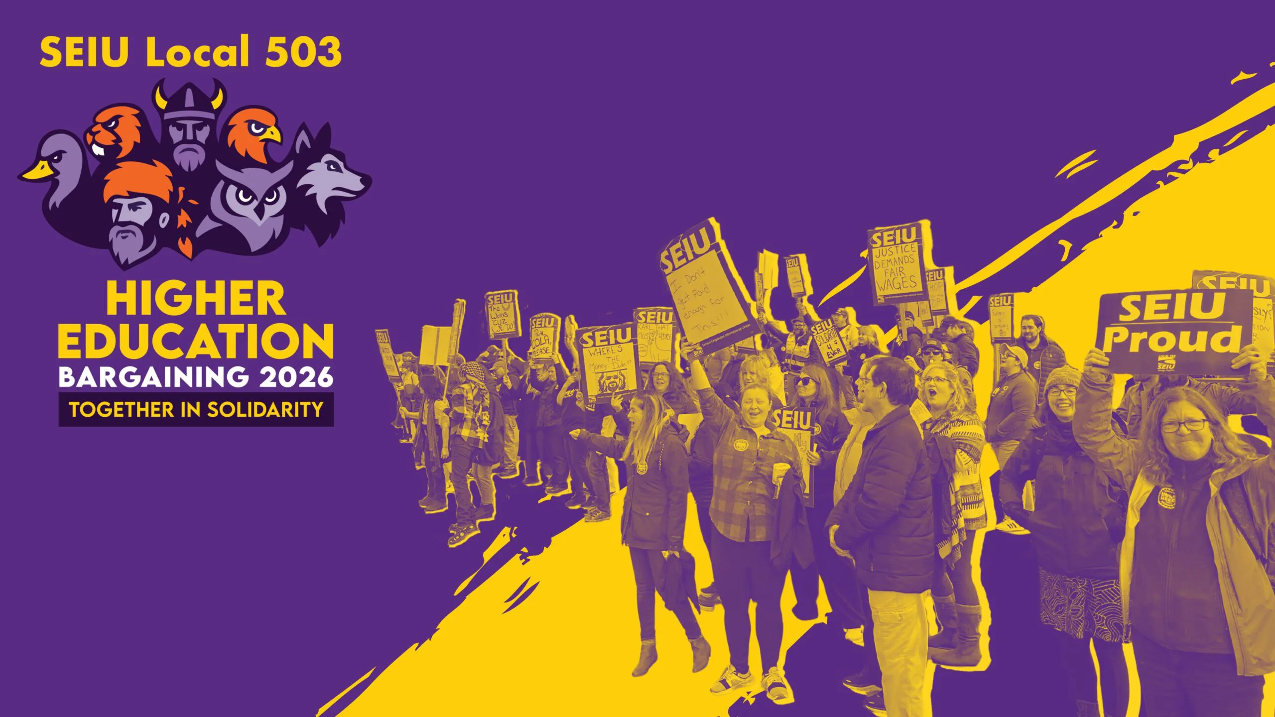 SEIU Local 503 Higher Education Bargaining 2026 Together in Solidarity campaign graphic.