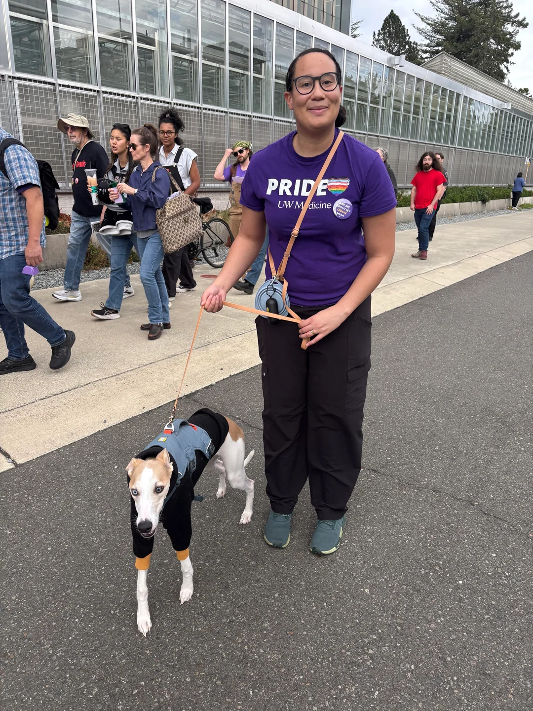 Participant wearing a purple UW Medicine Pride shirt walks a dog alongside other marchers.