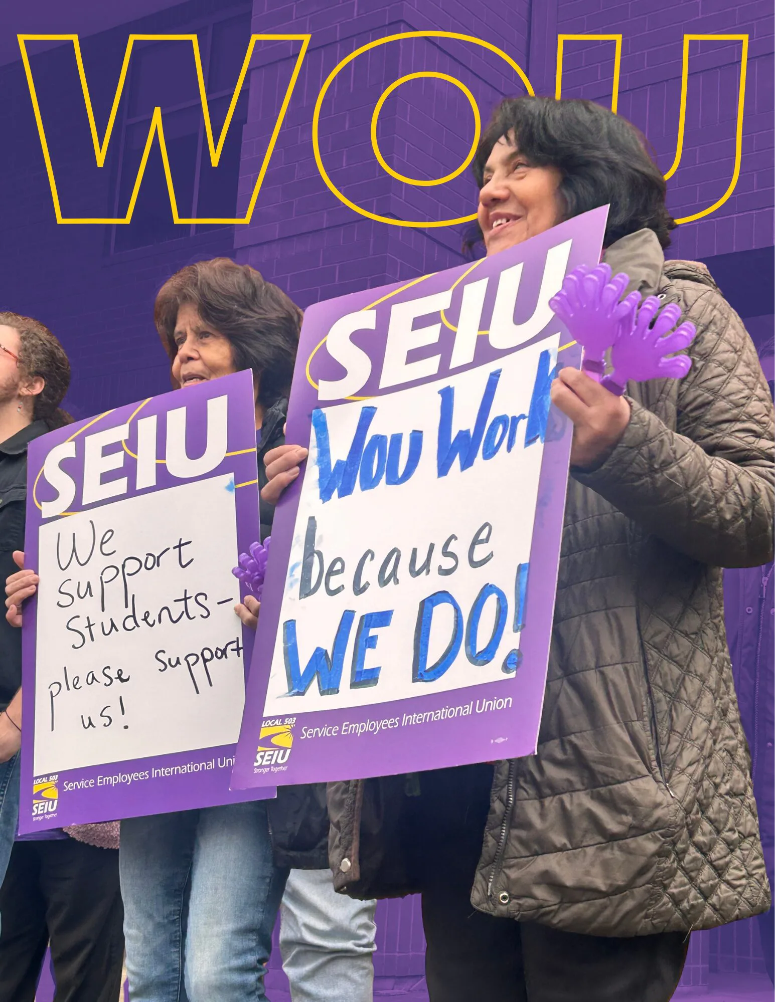 Western Oregon University workers hold signs supporting students and classified staff.