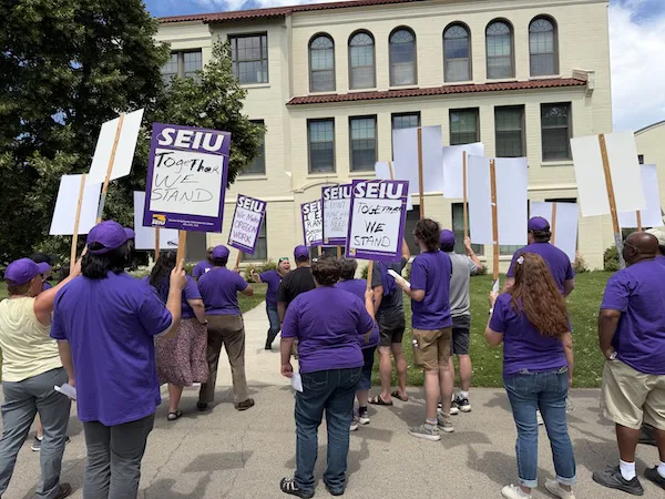 Eastern Oregon University classified staff gather in purple to support higher education bargaining.