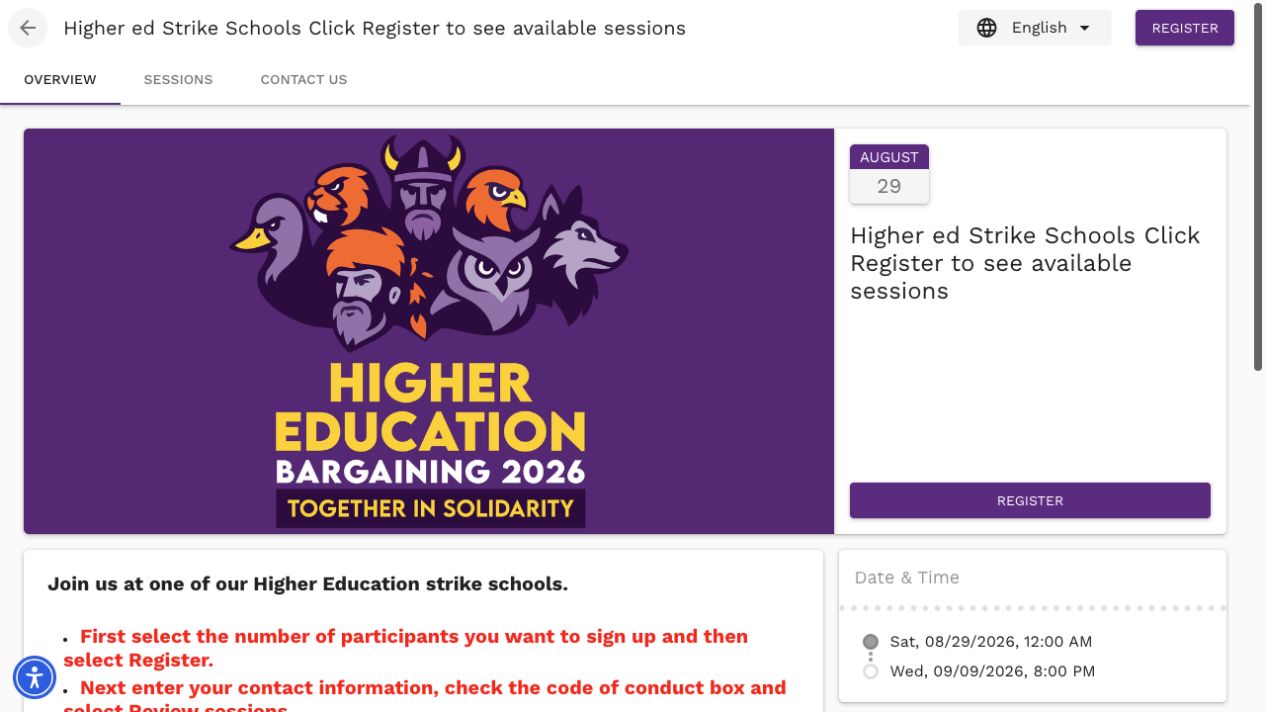 State registration page with purple Register buttons at the top right and inside the event card.