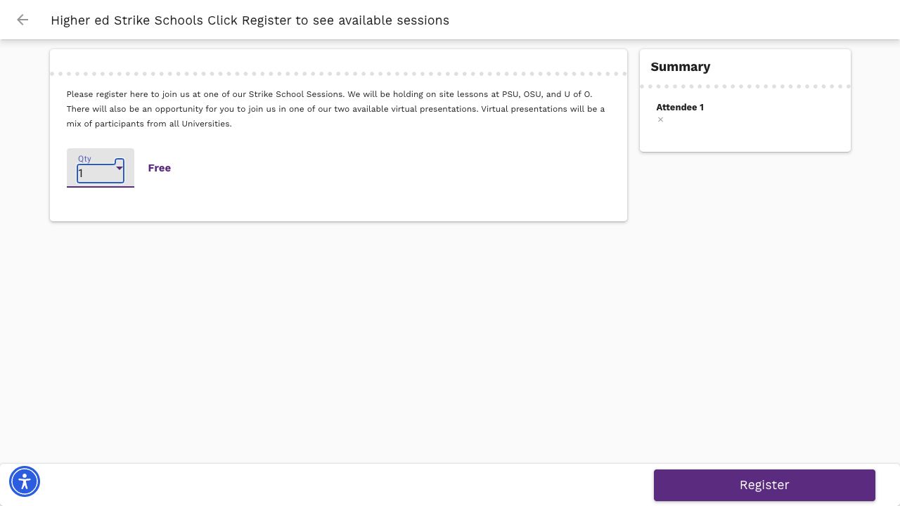State registration page with the quantity set to one and an active purple Register button at the bottom right.